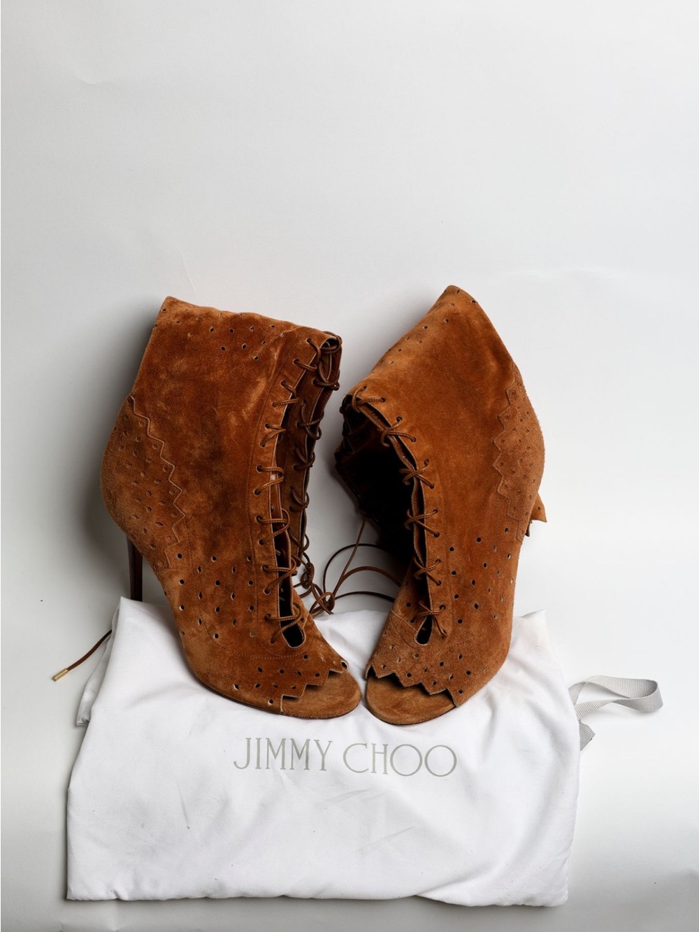 Jimmy Choo Tan Suede Lace-Up Peep-Toe Boots